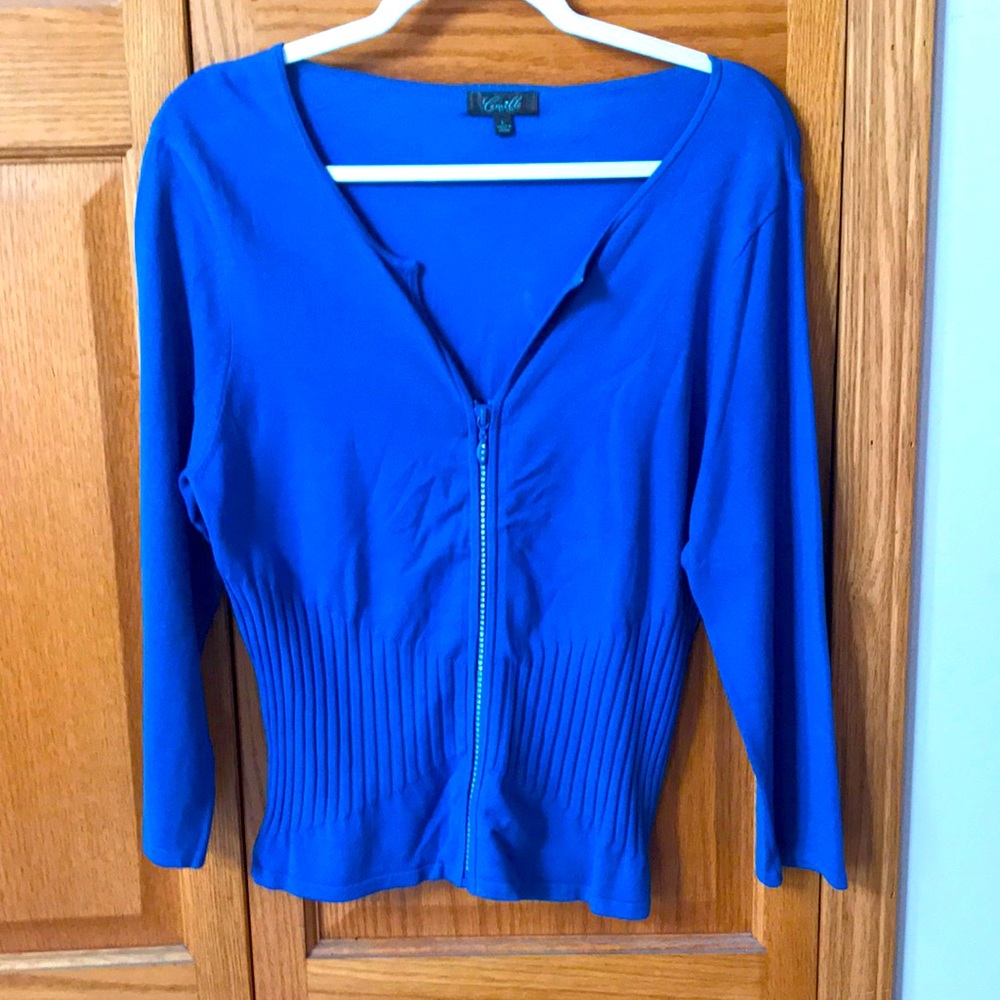 Camille royal blue zip up sweater. Zipper has rhinestone detail. Fitted waist.